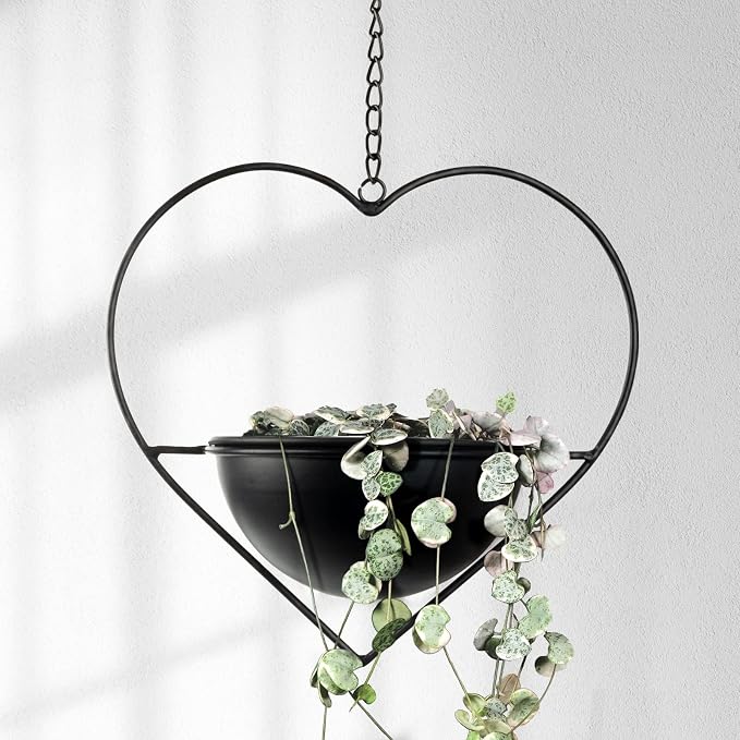 Hajia 1 Pack Heart Shaped Boho Hanging Plant Holder with 6inch Detachable Pot, Black Metal Wall Ceiling Plant Hanger for Indoor Outdoor, Minimalist Small Hanging Planter for Home Wedding Decor