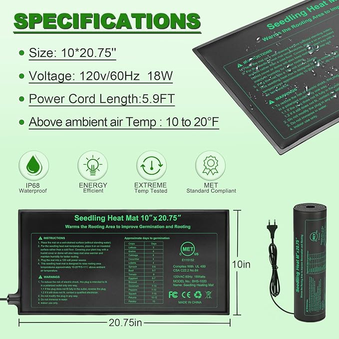 Bestio Seeding Heat Mat 10"x 20.75", 2 Pack Waterproof Durable Heat Mat for Seed Starting, UL and MET Certified Plant Heating Pad for Seed Germination,Hydroponics, Greenhouses