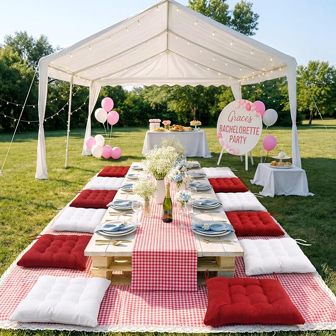 Extra Large Outdoor Picnic Blanket with Table Runner and Floor Pillow Cushion for Picnic Wedding Birthday Baby Shower Backyard Decor(59 x 102'',Burgundy,White,8 Pcs)