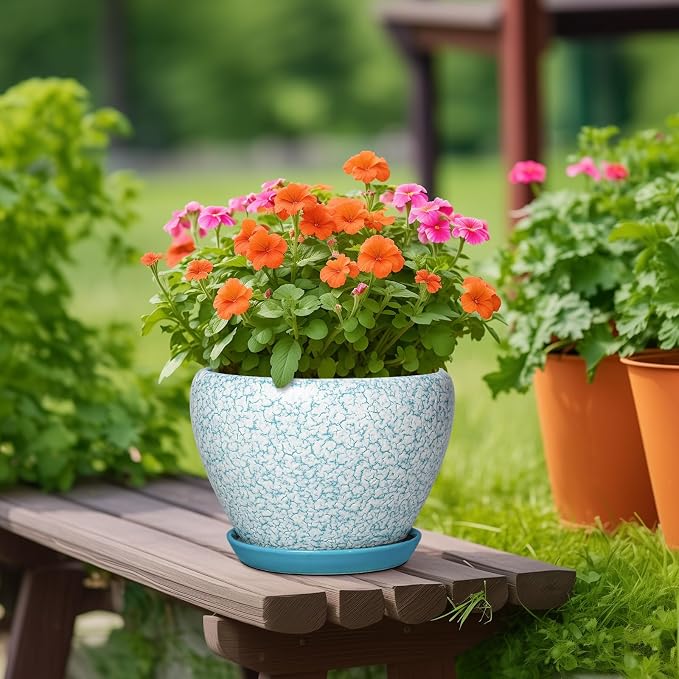 Ceramic Flower Pot, 10 Inch, Crackle Blue | Drainage Hole and Tray, Indoor Outdoor Use, Decorative Planter, Living Room Decor, Plant Lover Gift