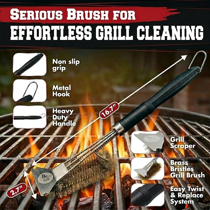 Kitchen Perfection Brass BBQ Grill Cleaning Brush and Scraper -GrillSaver | Safe Brass Wire Bristles for Porcelain & Ceramic Grates, Replaceable Head, Magnetic Hanger, Bottle Opener & 3 Ebooks