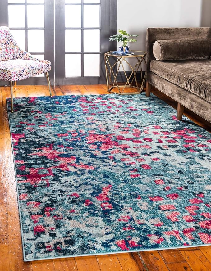 Unique Loom Jardin Collection Colorful, Vibrant, Abstract, Modern Area Rug (4' 0 x 6' 0 Rectangular, Blue/ Pink)