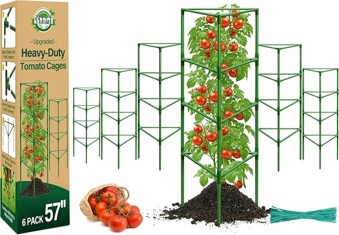 Halatool 57" Tall Tomato Cages, 6 Pack Heavy Duty Plant Support for Garden | Metal Stakes for Raised Beds and Pots, Adjustable Foldable Trellis for Cucumbers, Peppers, Flowers, and Climbing Plants