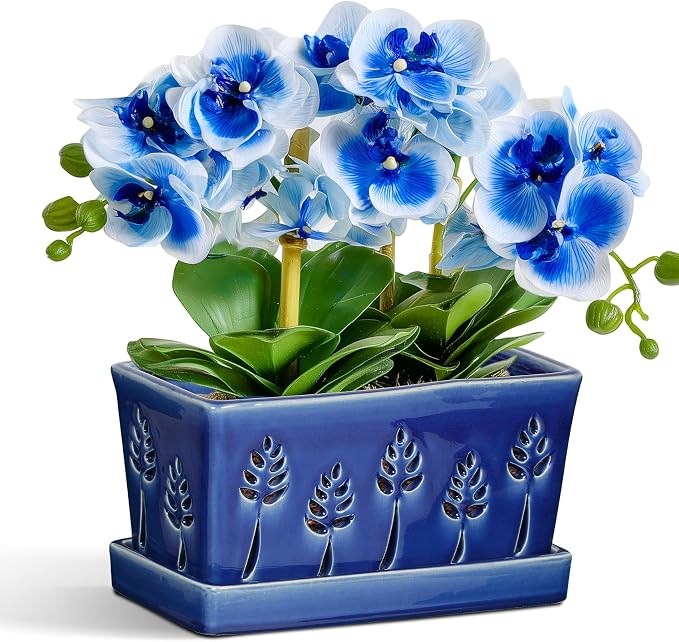 BUYMAX 10 Inch Rectangle Ceramic Orchid Pots with Holes, Heavy Duty Handmade Ceramic Plant Pot with Drainage and Saucer, Accommodate 2 Orchids, Enhance Good Ventilation - Blue