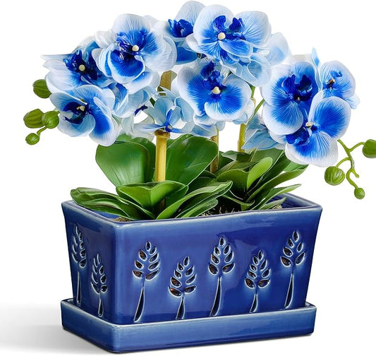 BUYMAX 10 Inch Rectangle Ceramic Orchid Pots with Holes, Heavy Duty Handmade Ceramic Plant Pot with Drainage and Saucer, Accommodate 2 Orchids, Enhance Good Ventilation - Blue