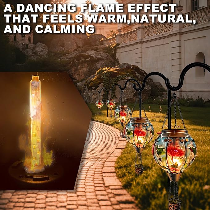 2PCS Solar Hot Air Balloon Flickering Flame Hanging Garden Light with Shepherd's Hooks, 18" H Waterproof Glass Outdoor Lantern for Yard Patio, Mother's Day Gift, Hummingbird