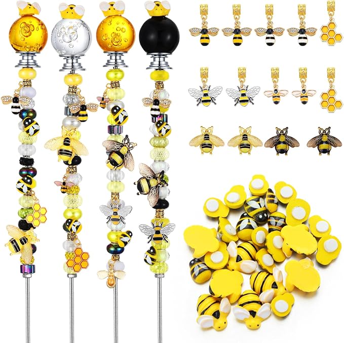 Lineshading 118 Pcs Bee Garden Stakes Wand DIY Beaded Stakes Garden Decor Includes 4 Crystal Stopper Top 10 Bee Pendant 68 Large Hole Beads 4 Threaded Rods 4 Pcs Nuts, for Craft Supply