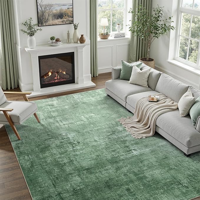 DCX Washable Abstract Area Rug 5x7, Non Slip Low Pile Rug, Green | Easy to clean, non-shedding, soft, kid & pet friendly, with a non-slip rubber backing for living rooms, bedrooms, and offices