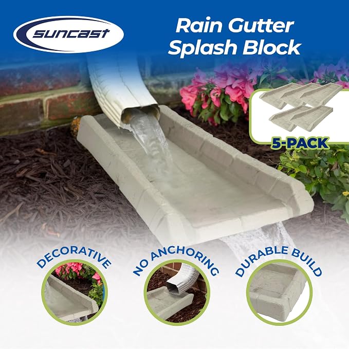 Suncast Durable Plastic Anti Erosion Decorative Rain Gutter Downspout Splash Block for Garden, Front Yard, or Back Yard, Pack of 5, Taupe