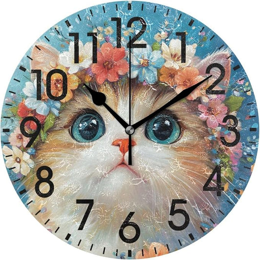 ALAZA Home Decor Cat Wreath Kitten Round Acrylic 9.84 Inch Wall Clock Non Ticking Silent Clock Art for Living Room Kitchen Bedroom