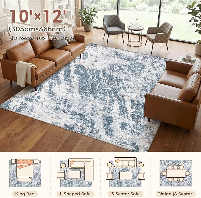 DMOYEST 10x12 Area Rug for Living Room Washable Abstract Indoor Carpet | Neutral Modern Low Pile Rugs Kid & Pet Friendly Large Soft Thin Carpet for Bedroom Dining Room and Office - Blue Light
