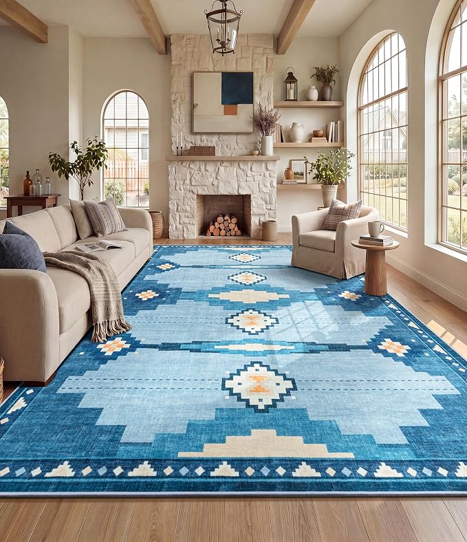 9'x12' Washable Large Area Rug for Living Room, Blue Mid Century Modern Rug | Soft, Non-Slip, Coastal Aztec Geometric Design, for Bedroom Dining Nursery Room Playroom, Low Pile, Pet Friendly