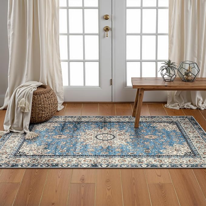 Lahome Felice Oriental Floral Medallion Area Rug - 2x4.3 Blue Hallway Runner Rug Doormat Vintage Faux Wool Throw Rug Non-Slip Washable Low-Pile Carpet for Kitchen Laundry Room Entrance Bathroom