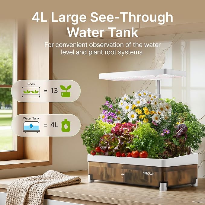 SUNCOZE Hydroponics Growing System 13 Pods, with Dimmable Light | 4L Visible Water Tank, Adjustable Height to 12.8 in, Digital Timer, Water Reminder, Indoor Herb Garden, Gardening Gifts