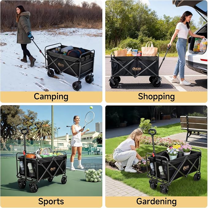 56" Large Collapsible Folding Wagon with Tailgate and Brake, 600LBS Heavy Duty Utility Cart, 250L Large All-Terrain Beach Wagon for Camping Garden Shopping Grocery Sports