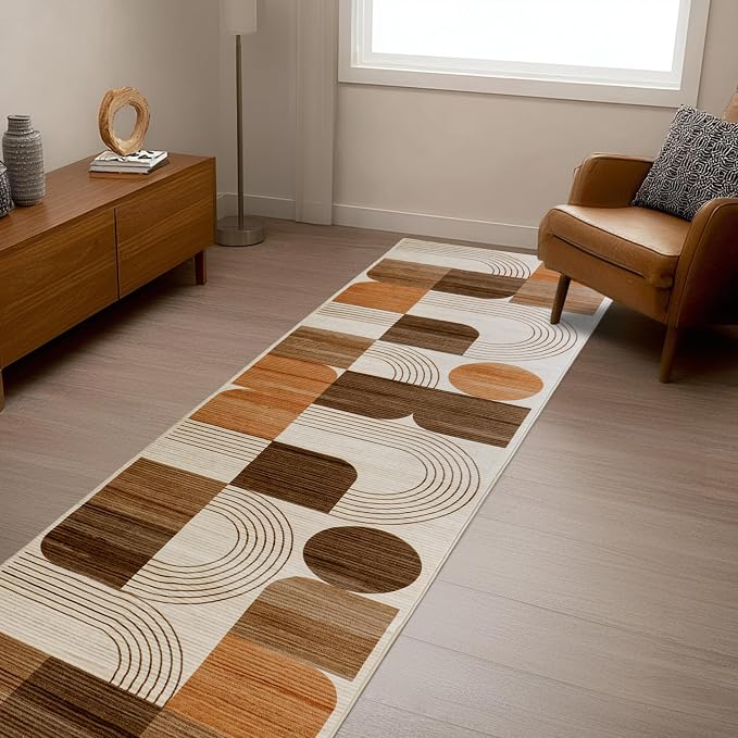 Soft Modern Geometric Abstract Machine Washable 2.7x8 Runner Rug | Orange Rugs for Bedroom Living Room, Non-Shedding Faux Wool Indoor Throw Floor Carpet for Office Entryway Dining Room Decor
