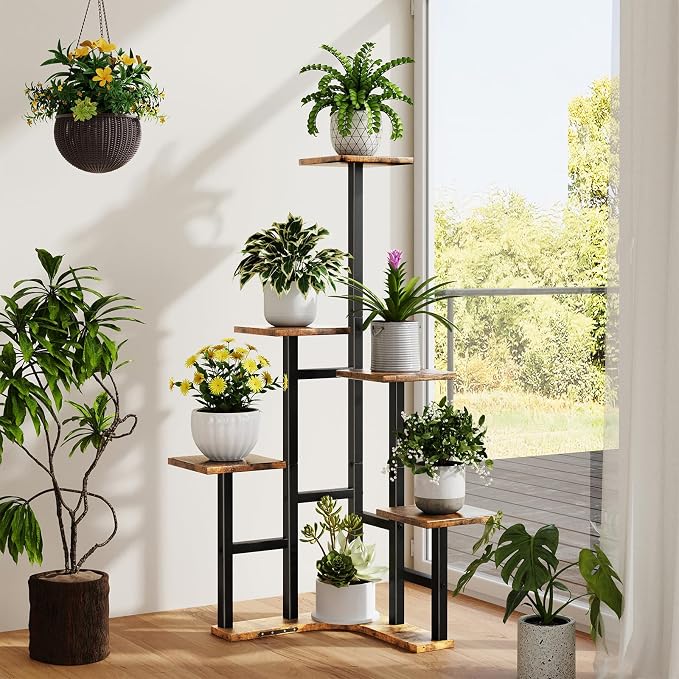 Yzosvki Corner Plant Stand Indoor, 6 Tiered Corner Plant Shelf Flower Stand for Multiple Plants, Plant Shelves Organizer Rack for Living Room, Balcony, Patio, Garden, Square Rustic Brown