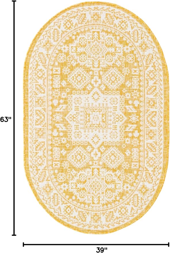 Unique Loom Outdoor Aztec Collection Area Rug - Chalca (3' 3" x 5' 3" Oval, Yellow/ Ivory)