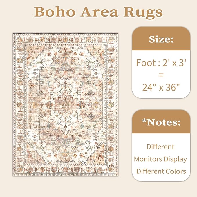SERISSA 2x3 Washable Non Slip Boho Small Area Rug for Entryway，Peach Cream | Ultra Soft Vintage Oriental Carpet Low-Pile Tribal Indoor Mat for Bedroom Kitchen Bathroom Entrance Floor