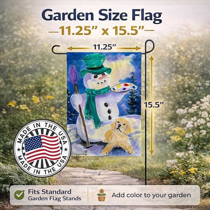 Caroline's Treasures SS8994GF Snowman with Golden Retriever Garden Flag Mailbox Flag Decorative Yard Flag Banner Outside Patio Artwork Yard Flower Beds, Garden Size, Multicolor