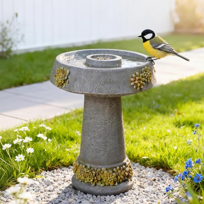 Bird Bath and Bird Feeder for Garden, 24" Resin Outdoor Fountain with 3D Butterfly & Petal Relief, Weather-Resistant Pedestal Water Feature for Yard, Patio, and Lawn Decor (Grey)