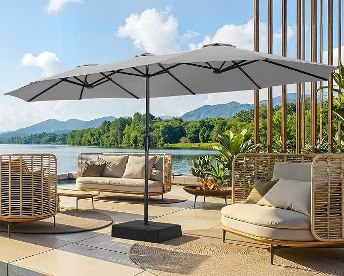 SUPERJARE 15FT Outdoor Patio Umbrella with Base Included, Double Sided Pool Umbrellas with Fade Resistant Canopy, Extra-Large Table Umbrella for Deck, Market, Backyard, Gray