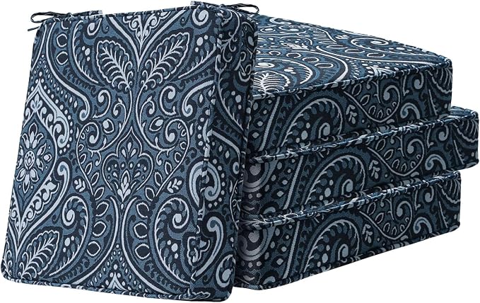 Unimatta Square Corner Seat Cushions, 18.5" x 16" x 3", Set of 4, Indoor Outdoor Water Repellent Universal Chair Pads with Ties for Patio Furniture, Garden Deck Dining Chairs, Damask Blue Flower