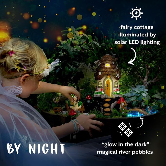 WILD PIXY Fairy Garden Kit - 13 Piece Glow in the Dark Decorative Accessories with 7.1" Outdoor Fairy House with Opening Door and Solar LED Light, Garden Door for Trees, Stones, Indoor/Outdoor Decor