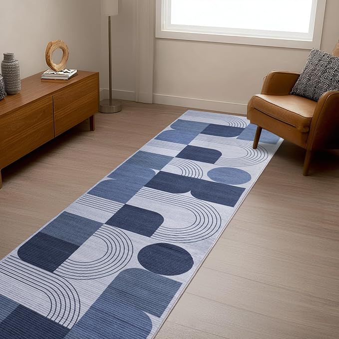 Soft Modern Geometric Abstract Machine Washable 2.7x8 Runner Rug | Blue Rugs for Bedroom Living Room, Non-Shedding Faux Wool Indoor Throw Floor Carpet for Office Entryway Dining Room Decor