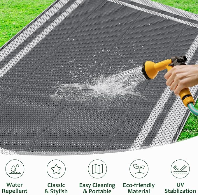 HappyTrends,Outdoor Rug,Patio Rug,Reversible Portable Plastic Straw Rug,Camping Rugs for Outside RV,Large Waterproof Area Rugs for Patio,Deck,Picnic,Porch,Balcony(6'x 9',White&Gray)
