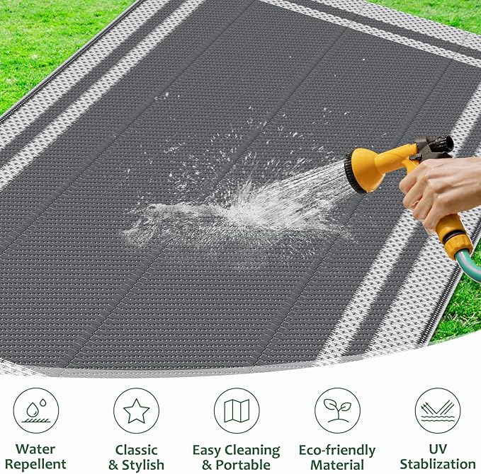 HappyTrends,Outdoor Rug,Patio Rug,Reversible Portable Outdoor Plastic Straw Rug,Camping Rugs for Outside RV,Large Waterproof Area Rugs for Patio,Deck,Picnic,Porch,Balcony(4'x 6',White&Gray)