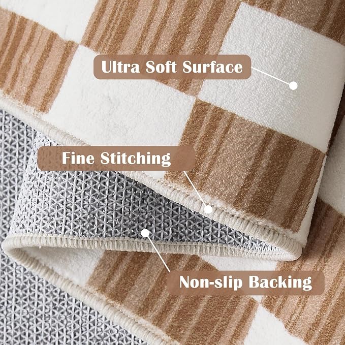 jinchan 3x5 Area Rug Washable Modern Checkered Rug for Kids Room, Brown | Geometric Lattice, Soft, Non-Slip, Floor Carpet, Kitchen, Nursery, Bedroom, Living Room, Entryway, Bathroom, Nursery Playroom