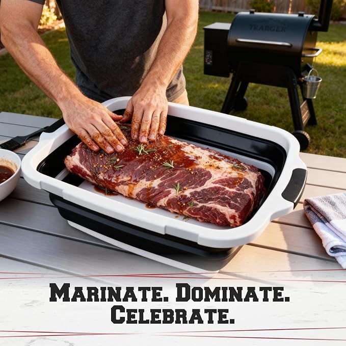 KITCHEN PERFECTION Collapsible XL Smoker & BBQ Prep Tub with Locking Lid | Includes Cutting Board, Meat Marinade & Brine Container For Turkey, Brisket & Ribs - Best Grill Accessories Gifts For Men