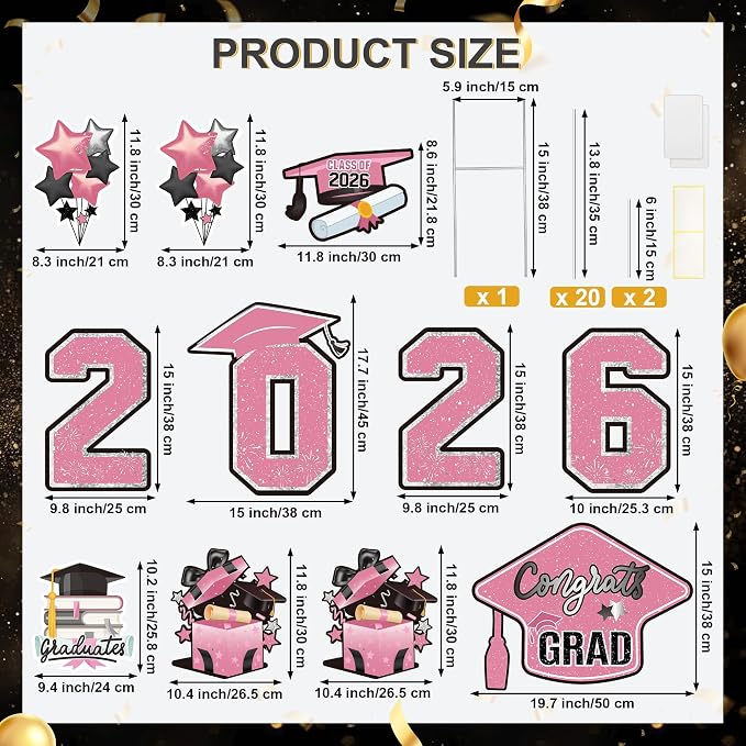 Large 11 PCS Graduation Yard Signs, Class of 2026 Congrats Grad Outdoor Lawn Yard Sign with Stakes, Graduate Yard Decorations for College High School Party, Pink