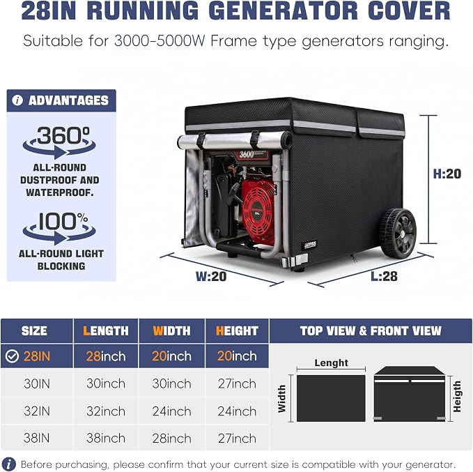 Generator Covers. 28"Lx20"Wx20"H Running Generator Cover, 900D+210D 100% Waterproof And Tear-resistant Oxford Cloth. Fits Most 3000-5000 Watt Generators. Black