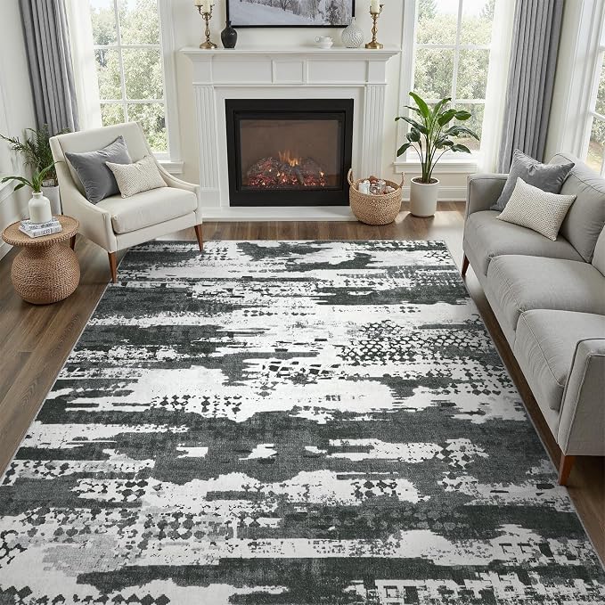 DCX Washable Abstract Area Rug 6x9, Non Slip Low Pile Rug, Black | Easy to clean, non-shedding, soft, kid & pet friendly, with a non-slip rubber backing for living rooms, bedrooms, and offices