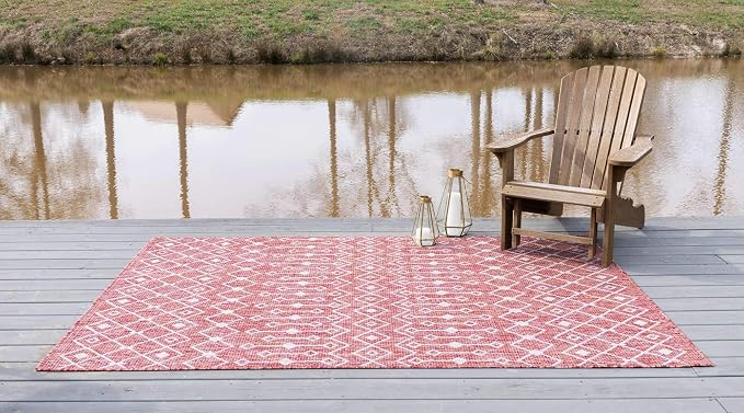 Unique Loom Outdoor Trellis Collection Area Rug - Tribal Trellis (4' 1" x 6' 1" Rectangle, Rust Red/ Ivory)