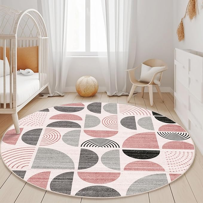 Round Rugs 5ft,Circle Area Rug Washable Non Slip Modern Abstract | Circular Rugs for Bedroom Living Room Dining Room Boho Throw Carpet Soft Low Pile Floor Indoor Bohemian Pink and Grey