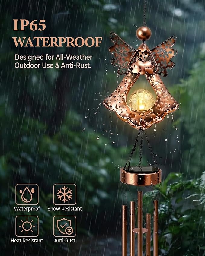 Angel Solar Wind Chimes for Outside: Metal Outdoor Memorial Decor | Easy Hanging for Garden Patio Tree Window - Melodious Birthday Gifts for Women Mom Grandma