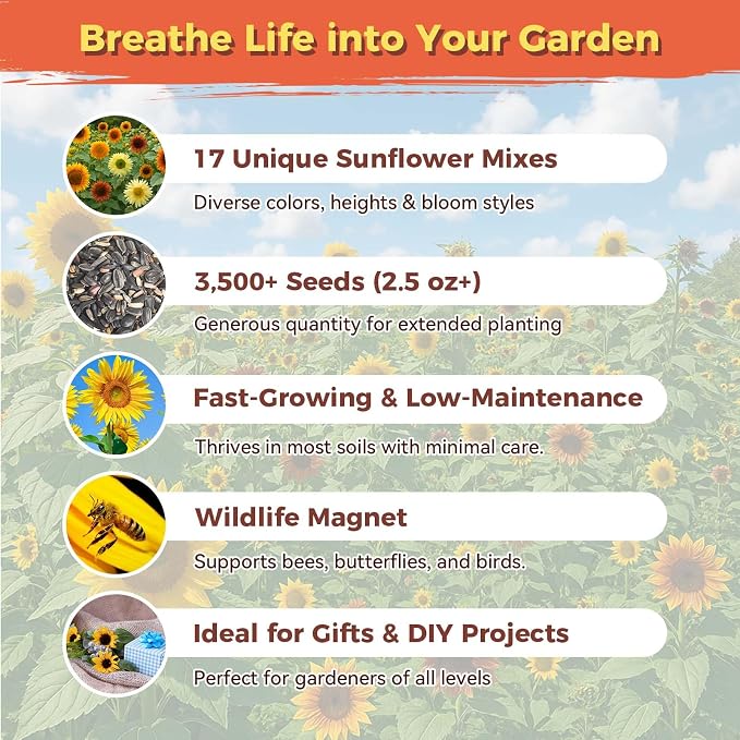 Sunflower Seeds for Planting | 3000+ Giant Mammoth Heirloom Bulk Seeds in 2oz Packet | High Germination, Open Pollinated, Attracts Pollinators for Home & Outdoor Gardens