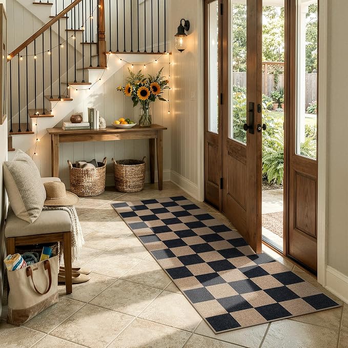 Lahome Colette Checkered Easy Jute Runner Rug, 2x6 Kitchen Runner Rug Non Slip Washable Outdoor Carpet for Entryway Indoor, Checkerboard Black Indoor Outdoor Carpet Runners for Hallway 6ft Entry