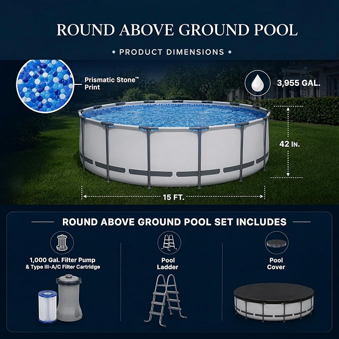 Above Ground Pool 15ft x 42in Steel Frame w/Pump Ladder Cover | 15x48ft, steel frame rust-proof, tool-free setup, 1000gal timer pump, ladder, cover, spare filter. 3-layer PVC liner.