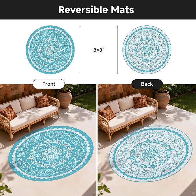 Pauwer Waterproof Outdoor Rug 8ft, Reversible Plastic Straw Patio Camping Rug, Indoor Outdoor RV Mat Carpet for Deck, Camper, Porch, Balcony, Backyard, Picnic, Paisley Teal