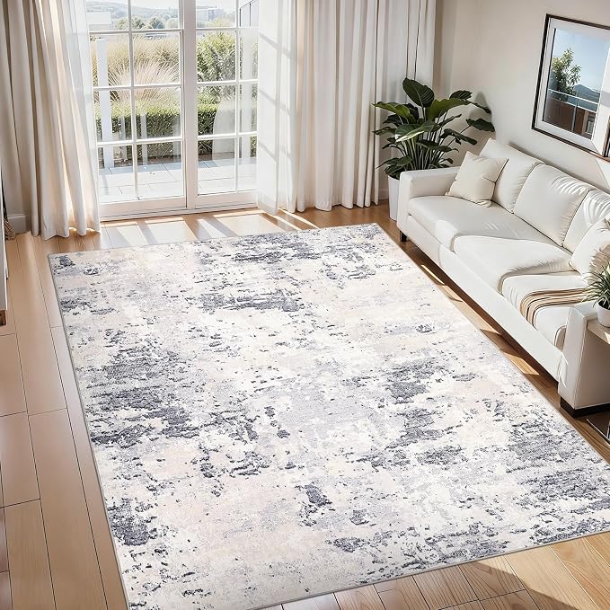 ROYHOME Living Room 8x10 Washable Modern Abstract Rug, Grey Taupe | Faux Wool Ultra Soft Non Slip Non Shedding Accent Rug for Bedroom Dining Room Office Home