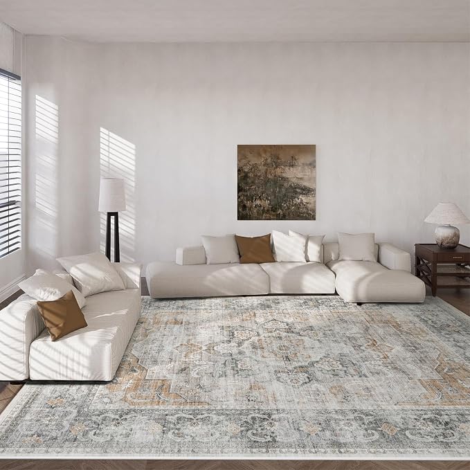 Area Rugs 9x12 Living Room: Washable Rug Non Slip Low Pile Soft Faux Wool Non Shedding Distressed Vintage Boho Large Area Rugs for Bedroom Dining Room Kitchen Nursery Under Table Farmhouse Home Office