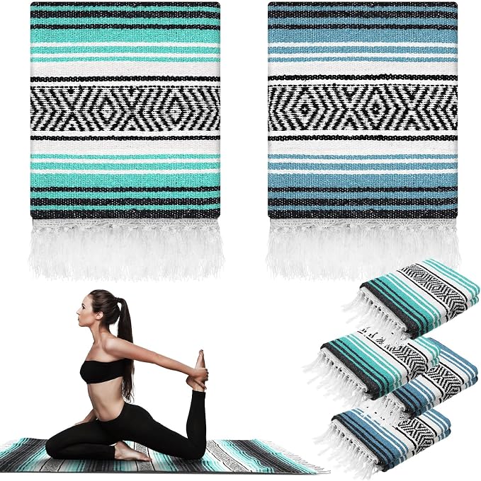 Preboun 4 Pcs Large Mexican Yoga Blanket Pack 45 x 70 Inch Thick Woven Camping Picnic Beach Car Travel Throw Blanket Outdoor Patio Mat Towel