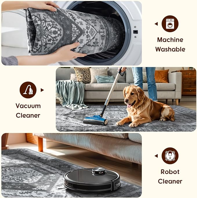LBRO2M Machine Washable Rug Soft Pet Friendly Carpet 3X5 Dark Gray | Persian Throw Rug 3X5 for Entryway, Kitchen, Bathroom Non Slip Carpet, Foldable Stain Resistant Rugs