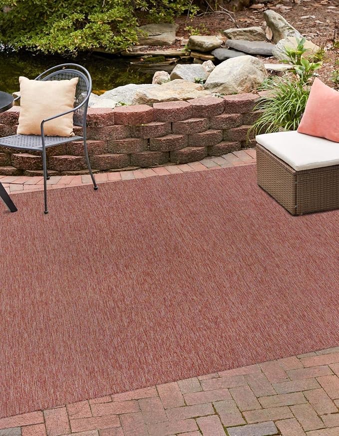 Unique Loom Collection Casual Transitional Solid Heathered Indoor/Outdoor Flatweave Area Rug (10' 8" Square, Rust Red/Beige)