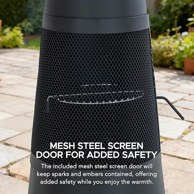 SUNJOY 2-in-1 Chiminea Fire Pit & Grill, 57" Tall Outdoor Fireplace with Removable Stainless Steel Grill Grate, Spark Screen & PVC Cover for Patio, Backyard, Cooking - Black