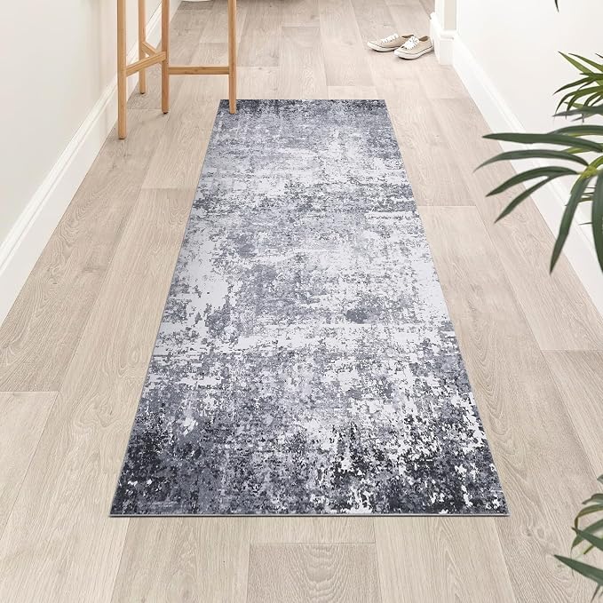 ROYHOME Modern Abstract Runner Rug 2x5 Washable Non Slip, Light Grey | Stain Resistant Rug for Bedroom Living Room Non Shedding Low Pile Indoor Floor Cover